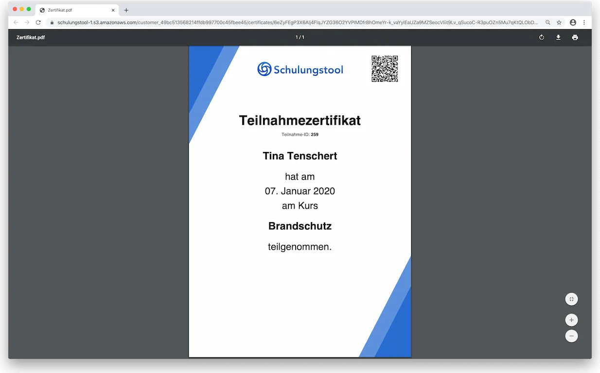 Teilnahmezertifikat nach erfolgreicher Unterweisung/Schulung