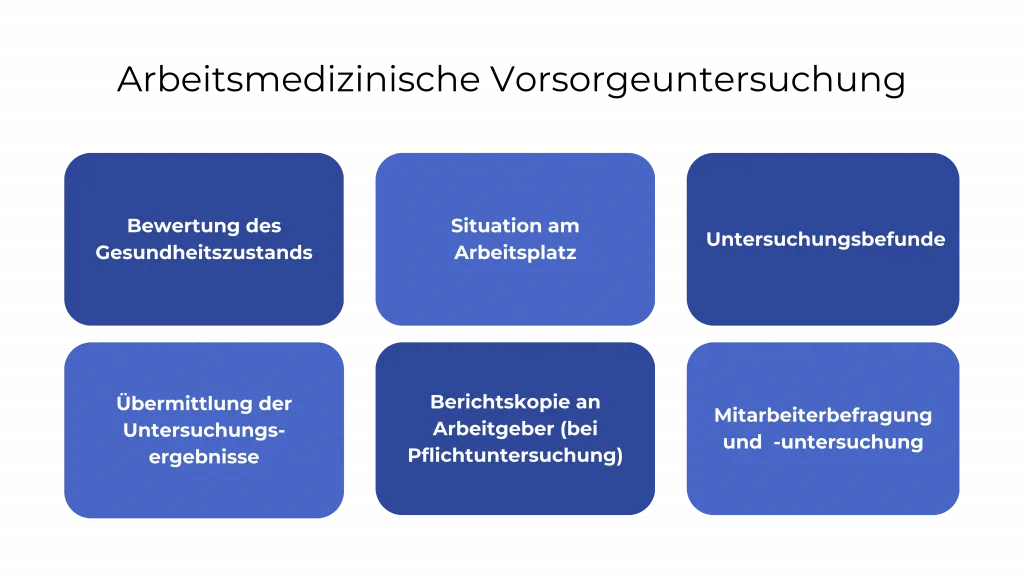 Übersicht mit sechs Bausteinen der arbeitsmedizinischen Vorsorgeuntersuchung, von Gesundheitszustand bis Befundübermittlung