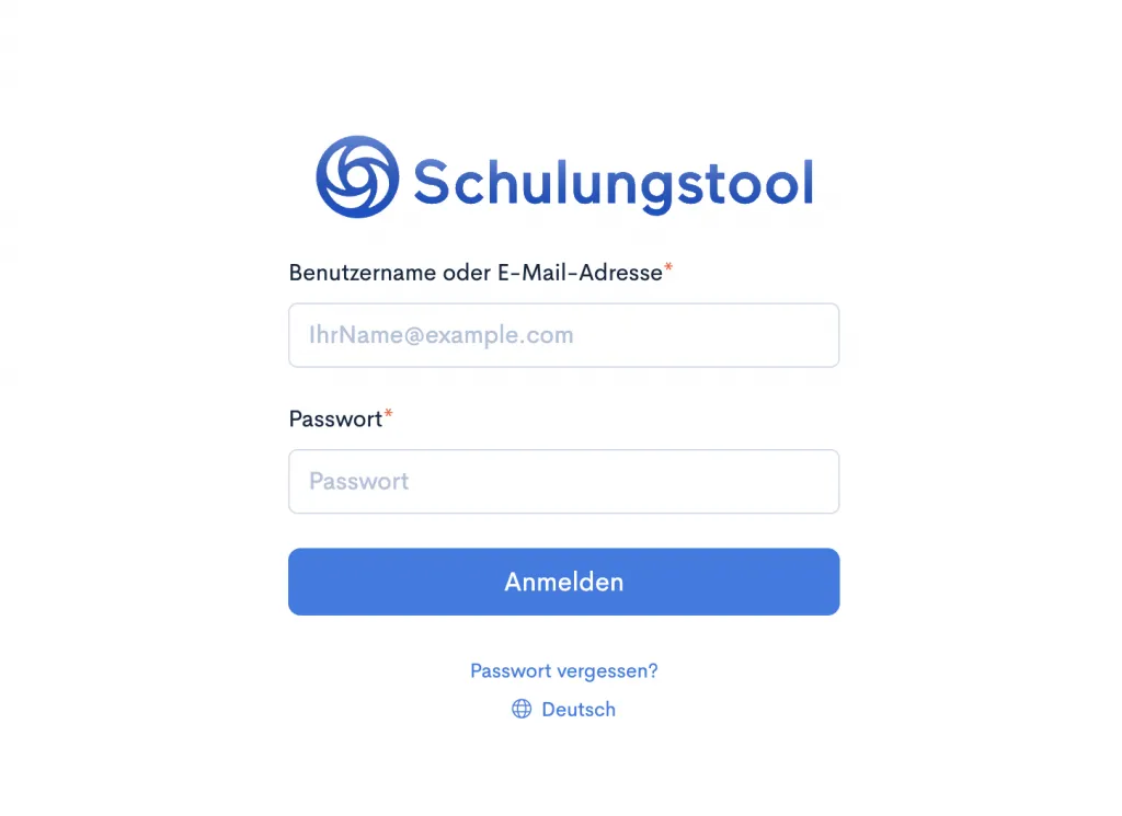 Login-Maske von Schulungstool mit Feldern für Benutzername oder E-Mail-Adresse und Passwort
