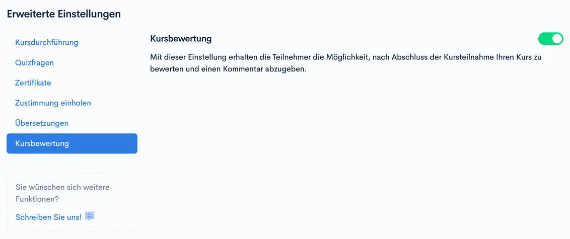 Tab ‘Kursbewertung’ der Erweiterten Einstellungen mit aktiviertem Schalter für die Kursbewertung
