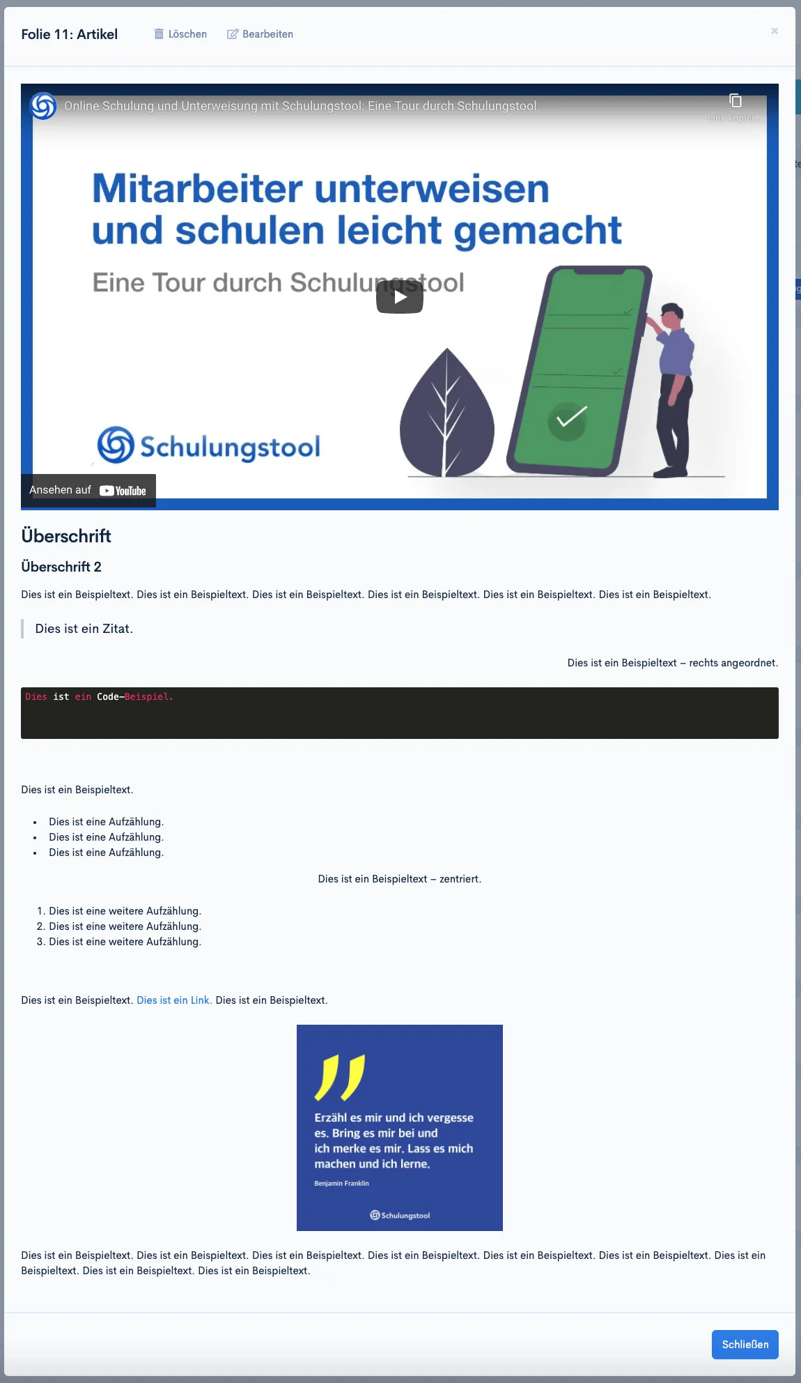 Artikel-Vorschau mit eingebettetem Video, Überschriften, Beispieltexten, Zitat, Codeblock und Aufzählungen