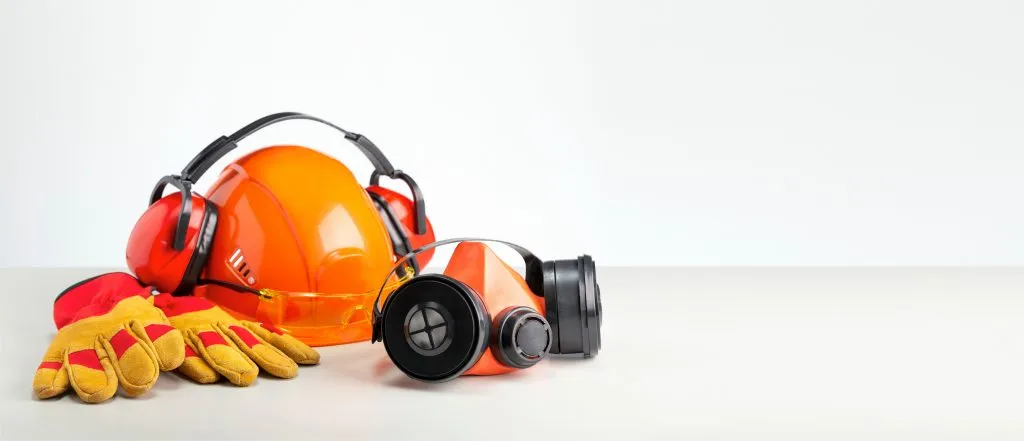Notfallausrüstung mit orangefarbenem Schutzhelm, Gehörschutz, Atemschutzmaske, Schutzbrille und Handschuhen