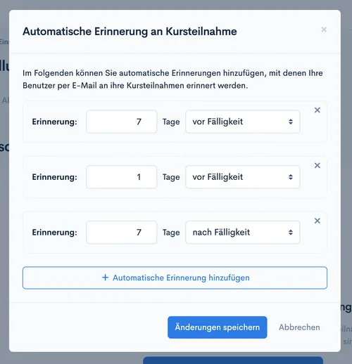 Dialog ‘Automatische Erinnerung an Kursteilnahme’ mit Erinnerungen in Tagen vor und nach Fälligkeit