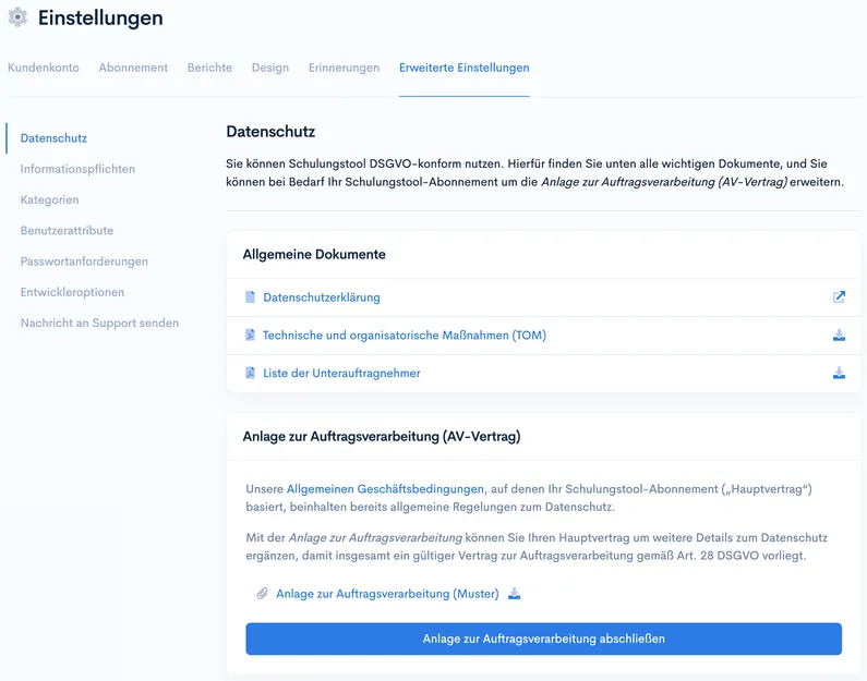 Einstellungsbereich ‘Datenschutz’ mit DSGVO-Dokumenten und Button ‘Anlage zur Auftragsverarbeitung abschließen’