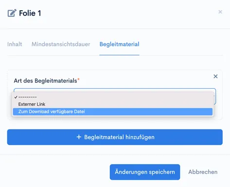 Geöffnete Auswahl ‘Art des Begleitmaterials’ mit Optionen ‘Externer Link’ und ‘Zum Download verfügbare Datei’