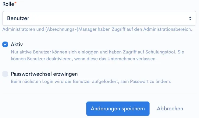 Checkbox ‘Aktiv’ im Benutzer-Dialog mit Rollenauswahl ‘Benutzer’ und Button ‘Änderungen speichern’