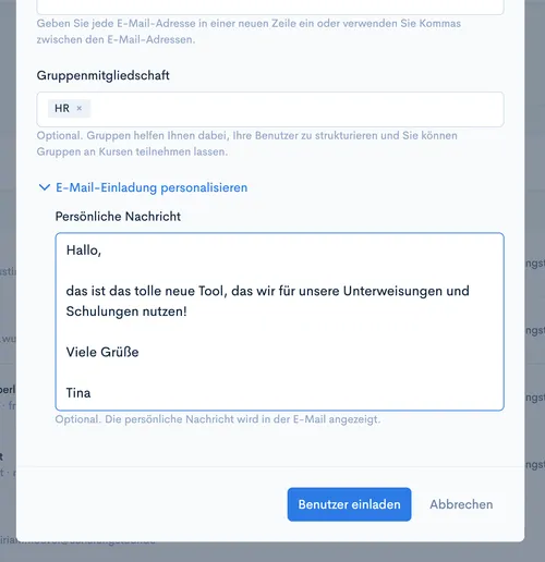 Bereich ‘E-Mail-Einladung personalisieren’ mit Textfeld ‘Persönliche Nachricht’ im Dialog ‘Benutzer einladen’
