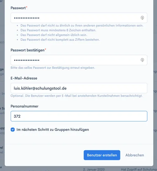 Dialog ‘Benutzer erstellen’ mit ausgefülltem optionalem Feld ‘Personalnummer’