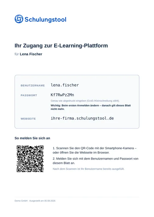 Handzettel für eine Benutzerin: Zugangsdaten-Box mit Benutzername und Passwort sowie QR-Code mit Anmelde-Anleitung