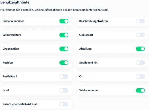 Einstellungsbereich ‘Benutzerattribute’ mit Schaltern für Personalnummer, Geburtsdatum, Abteilung und weitere Felder