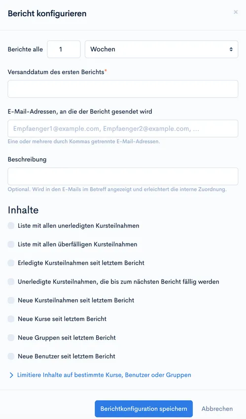 Dialog ‘Bericht konfigurieren’ mit Versandintervall, E-Mail-Empfängern, Beschreibung und auswählbaren Berichtsinhalten