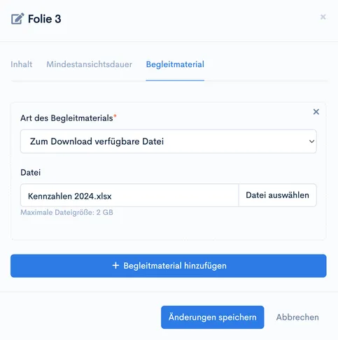 Dialog ‘Folie 3’, Tab ‘Begleitmaterial’, mit hochgeladener Datei ‘Kennzahlen 2024.xlsx’
