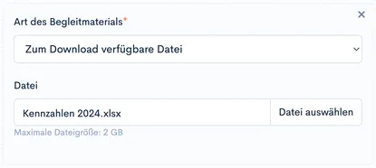 Begleitmaterial-Eintrag mit Art ‘Zum Download verfügbare Datei’ und ausgewählter Datei ‘Kennzahlen 2024.xlsx’