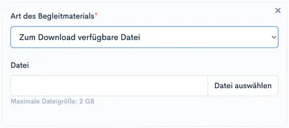 Auswahl ‘Zum Download verfügbare Datei’ mit leerem Feld ‘Datei’ und Button ‘Datei auswählen’, maximale Dateigröße 2 GB