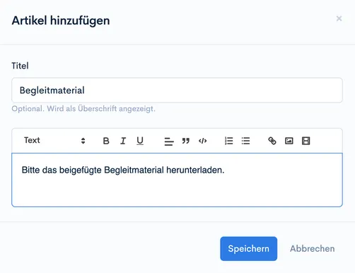 Dialog ‘Artikel hinzufügen’ mit Titel ‘Begleitmaterial’ und Hinweistext zum Herunterladen des Begleitmaterials