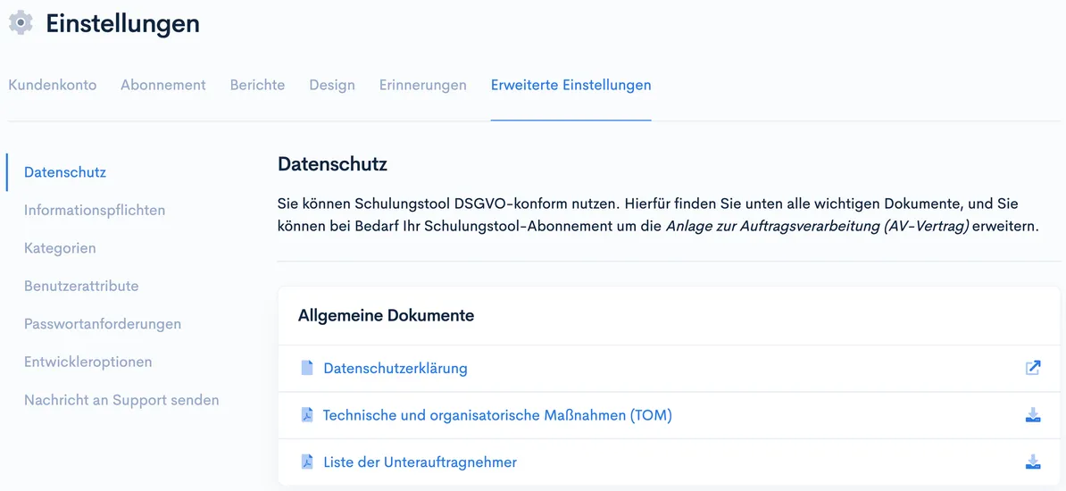 Bereich ‘Datenschutz’ in den Erweiterten Einstellungen mit Dokumenten Datenschutzerklärung, TOM und Unterauftragnehmer-Liste