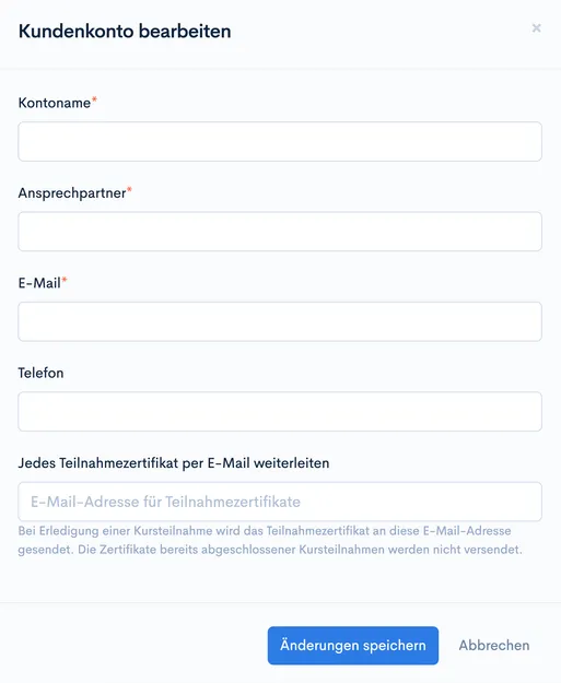 Dialog ‘Kundenkonto bearbeiten’ mit Feld ‘Jedes Teilnahmezertifikat per E-Mail weiterleiten’