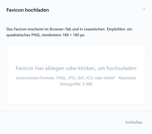 Dialog ‘Favicon hochladen’ mit Ablagebereich ‘Favicon hier ablegen oder klicken, um hochzuladen’ und Hinweis auf die unterstützten Formate
