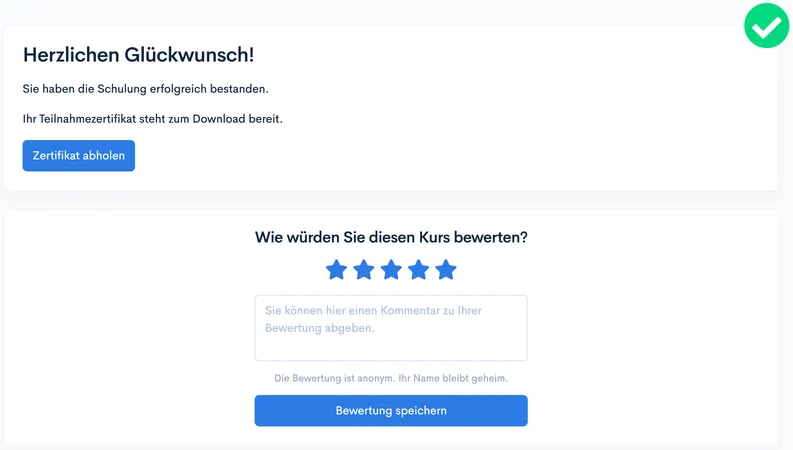 Abschlussseite ‘Herzlichen Glückwunsch!’ mit Button ‘Zertifikat abholen’ und Sterne-Bewertung des Kurses