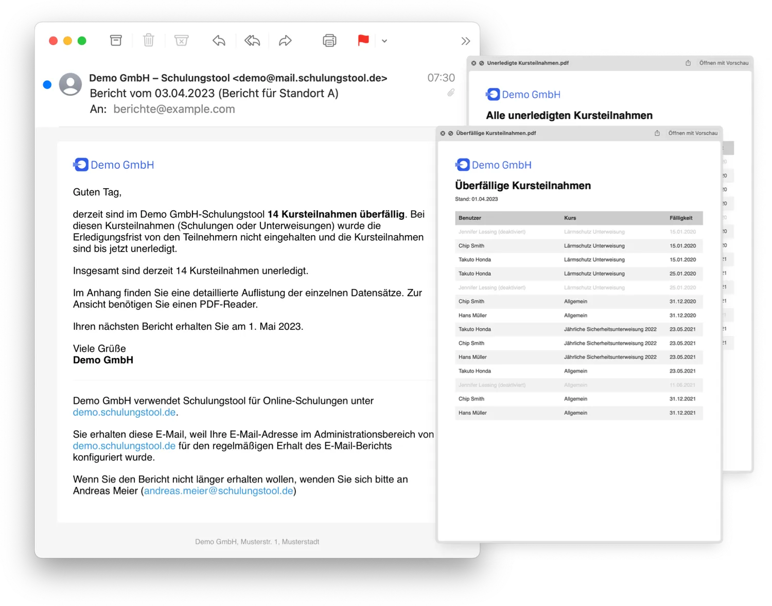 E-Mail-Bericht aus Schulungstool für einen Standort mit PDF-Listen der überfälligen und unerledigten Kursteilnahmen je Mitarbeiter