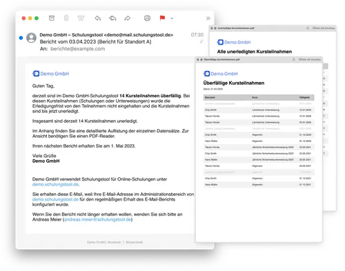 Abgebildet ist ein beispielhafter Bericht mit überfälligen Schulungen, der per E-Mail empfangen wurde.