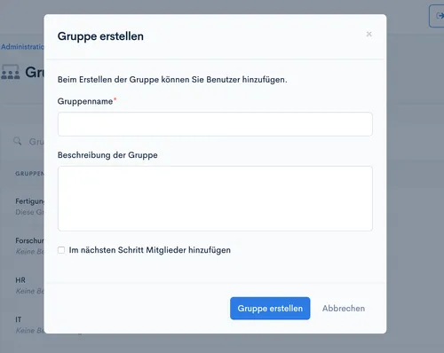Dialog ‘Gruppe erstellen’ mit Feldern für Gruppenname und Beschreibung sowie Option, Mitglieder hinzuzufügen