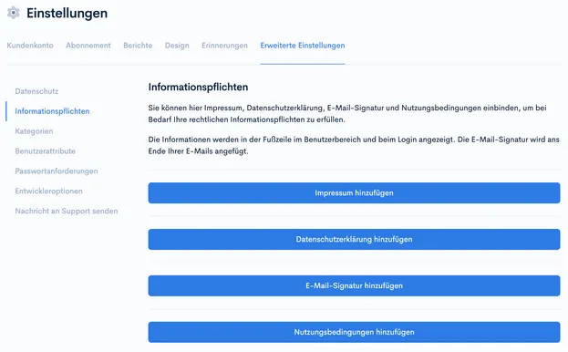 Einstellungsbereich ‘Informationspflichten’ mit Buttons für Impressum, Datenschutzerklärung, E-Mail-Signatur und Nutzungsbedingungen