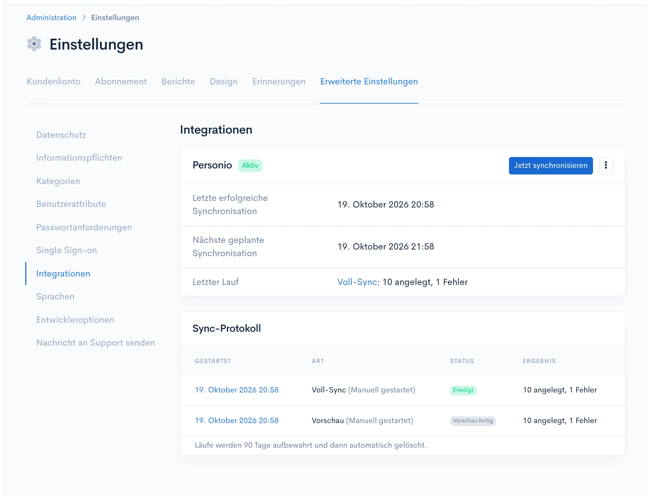Integrations-Einstellungen in Schulungstool mit aktiver Personio-Verbindung, letzter Synchronisation und Sync-Protokoll
