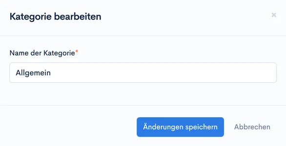 Dialog ‘Kategorie bearbeiten’ mit Feld ‘Name der Kategorie’ und Buttons ‘Änderungen speichern’ und ‘Abbrechen’