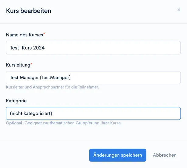 Dialog ‘Kurs bearbeiten’ mit ausgewähltem Feld ‘Kategorie’, Wert ‘(nicht kategorisiert)’