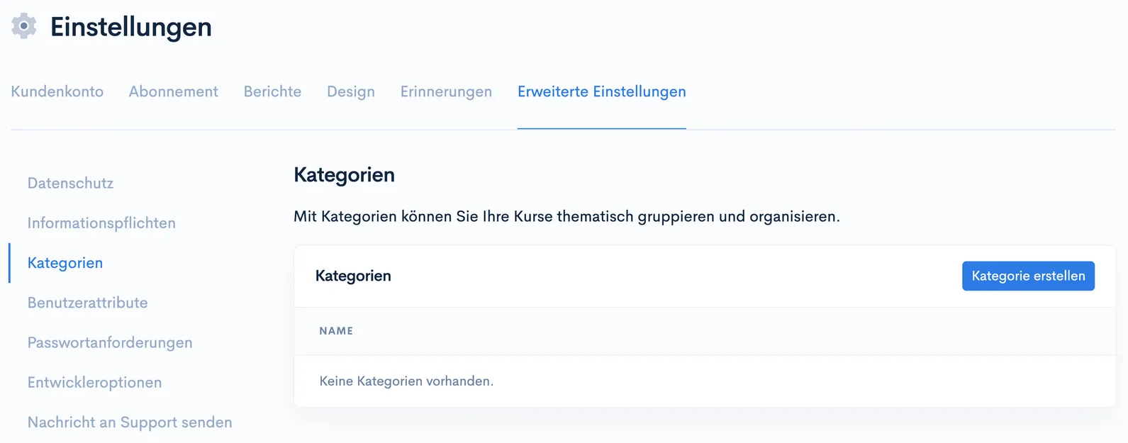 Einstellungen, Tab ‘Erweiterte Einstellungen’: Bereich ‘Kategorien’ mit leerer Liste und Button ‘Kategorie erstellen’