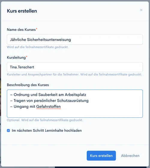 Dialog ‘Kurs erstellen’ mit Feldern für Kursname, Kursleitung und Beschreibung sowie Button ‘Kurs erstellen’