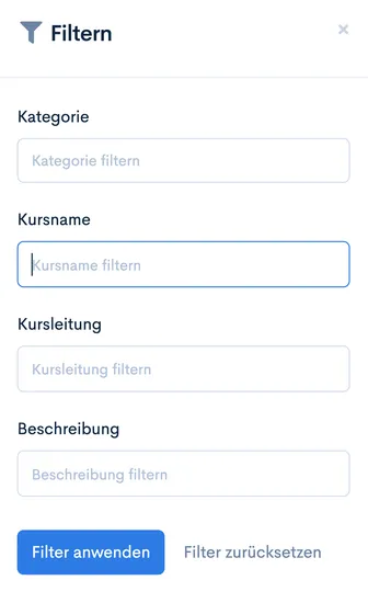 Filter-Dialog für Kurse mit Feldern ‘Kategorie’, ‘Kursname’, ‘Kursleitung’, ‘Beschreibung’ und Button ‘Filter anwenden’