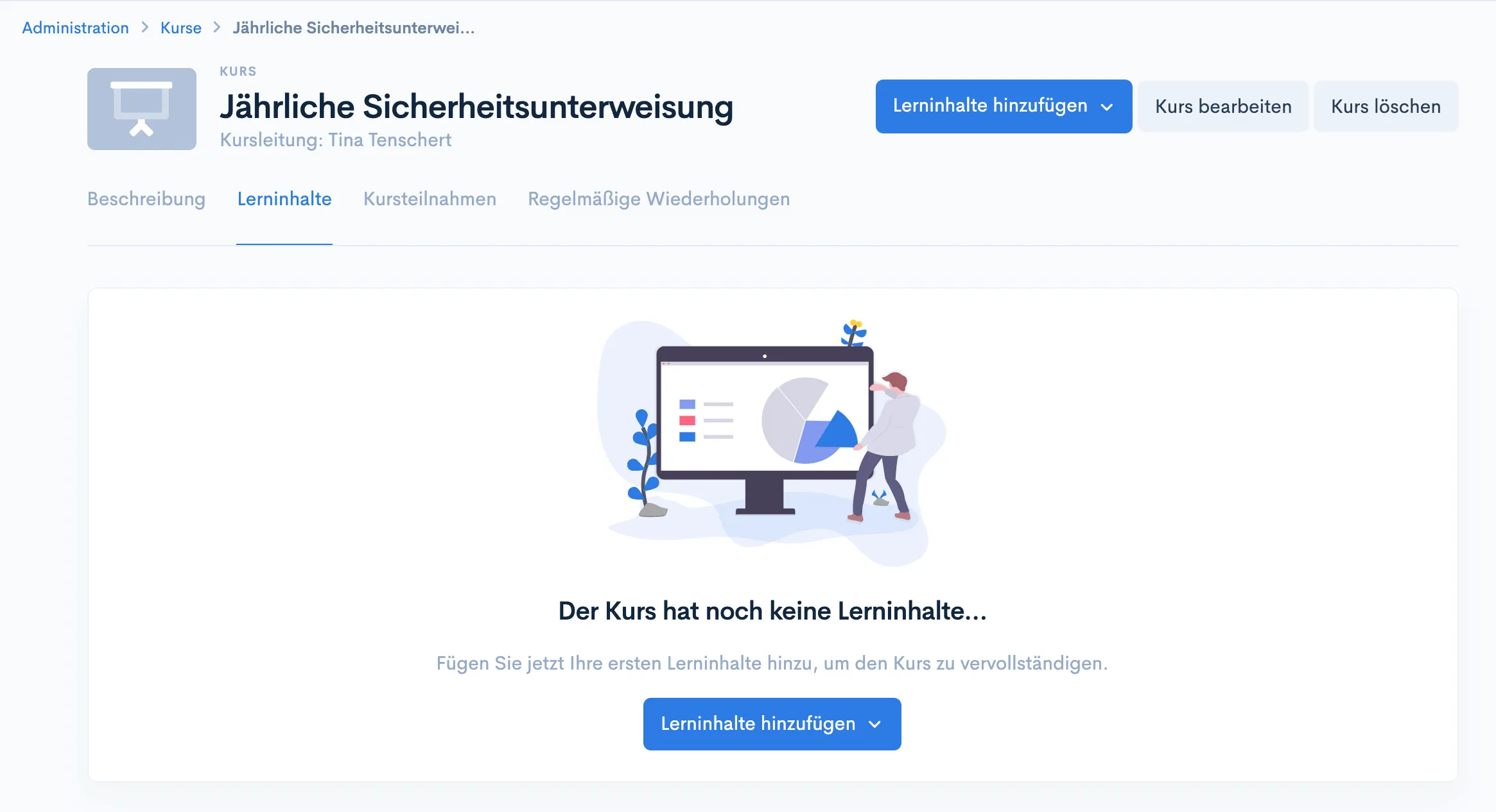 Kursansicht ‘Jährliche Sicherheitsunterweisung’ mit Tabs und Button ‘Lerninhalte hinzufügen’, noch ohne Lerninhalte