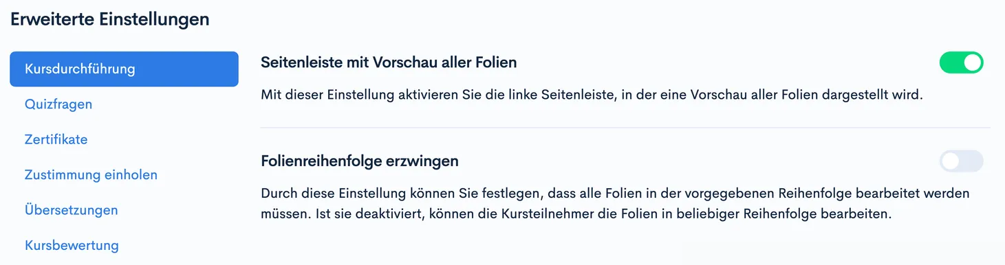 Erweiterte Einstellungen, Tab ‘Kursdurchführung’ mit Schaltern ‘Seitenleiste mit Vorschau aller Folien’ und ‘Folienreihenfolge erzwingen’