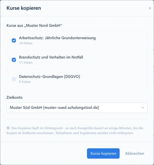 Dialog ‘Kurse kopieren’ mit Kursliste des Quell-Kontos und Auswahlfeld für das Zielkonto