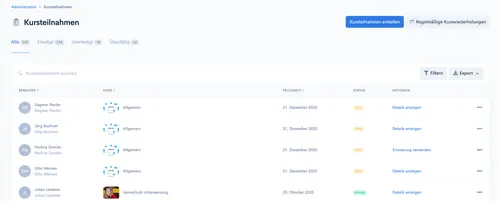 Übersicht „Kursteilnahmen“ mit Status-Tabs, Suchfeld, Filter- und Export-Buttons sowie Tabelle der Teilnahmen