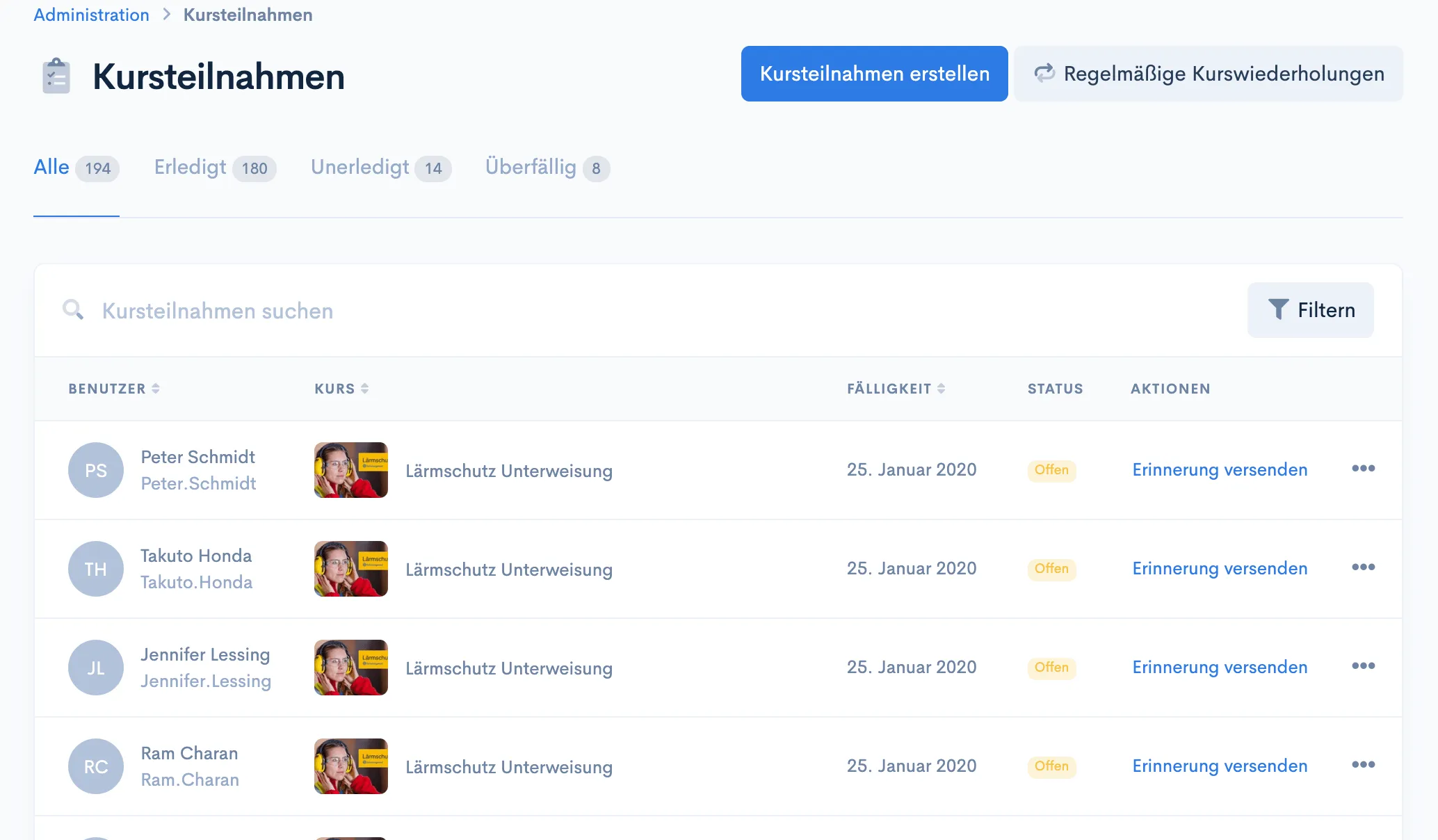 Übersicht ‘Kursteilnahmen’ mit Status-Tabs, Suchfeld, Filtern und offenen Teilnahmen am Kurs ‘Lärmschutz Unterweisung’