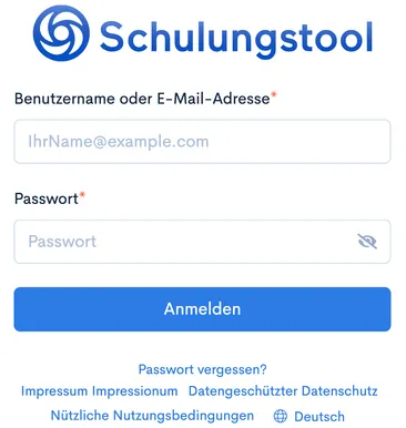 Login-Seite von Schulungstool mit Feldern ‘Benutzername oder E-Mail-Adresse’ und ‘Passwort’ sowie Button ‘Anmelden’