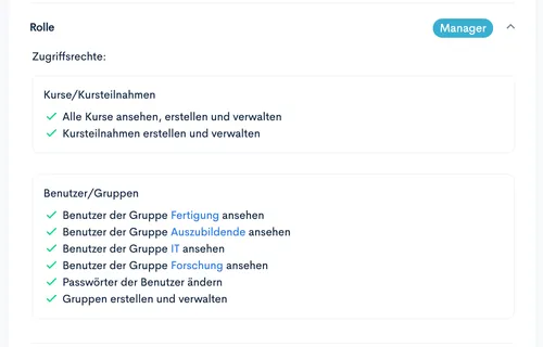 Übersicht der Rolle ‘Manager’ mit Zugriffsrechten für Kurse/Kursteilnahmen und Benutzer/Gruppen
