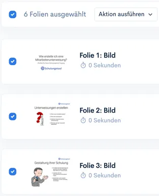 Folienliste mit sechs ausgewählten Folien, Anzeige ‘0 Sekunden’ und Dropdown ‘Aktion ausführen’