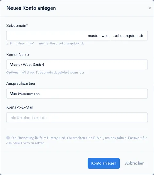 Dialog ‘Neues Konto anlegen’ mit Feldern für Subdomain, Konto-Name, Ansprechpartner und Kontakt-E-Mail