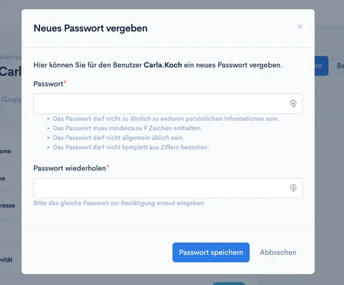 Dialog ‘Neues Passwort vergeben’ mit Feldern ‘Passwort’ und ‘Passwort wiederholen’ sowie Passwortregeln