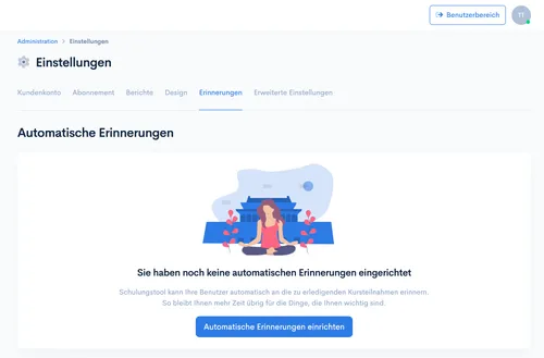 Einstellungen, Tab ‘Erinnerungen’: Hinweis ‘Sie haben noch keine automatischen Erinnerungen eingerichtet’ mit Einrichten-Button