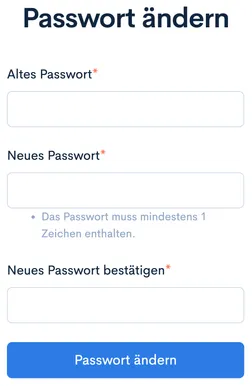 Formular ‘Passwort ändern’ mit Feldern für altes und neues Passwort sowie Button ‘Passwort ändern’