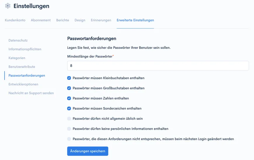 Einstellungsseite ‘Passwortanforderungen’ mit Mindestlänge 8 und Checkboxen für Zeichenanforderungen