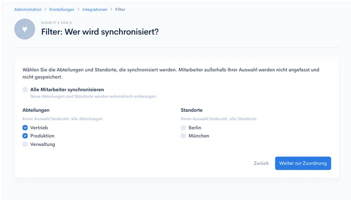 Filter-Schritt des Assistenten mit Abteilungs- und Standort-Auswahl