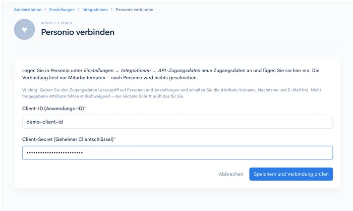 Schritt ‘Personio verbinden’ des Einrichtungs-Assistenten mit den Feldern Client-ID und Client-Secret