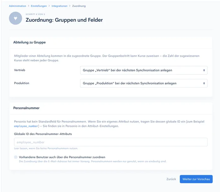 Zuordnungs-Schritt: Personio-Abteilungen werden Schulungstool-Gruppen zugeordnet