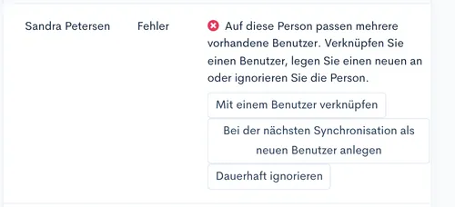 Fehler-Zeile im Sync-Protokoll mit den Aktionen ‘Mit einem Benutzer verknüpfen’, ‘Bei der nächsten Synchronisation als neuen Benutzer anlegen’ und ‘Dauerhaft ignorieren’